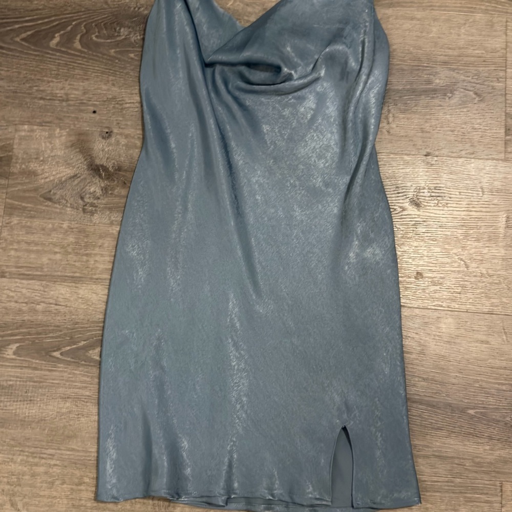 Polly & Esther Shimmery Steel Blue Cowl Neck Midi Dress